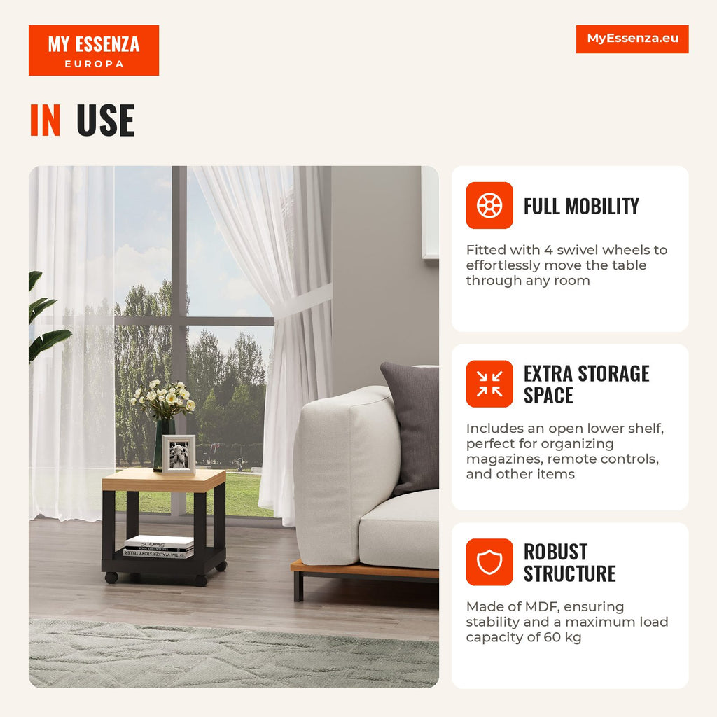 Side Table with Wheels Open Shelf Side Table for Sofa Bedroom 40x40x40 cm White and Wood Black and Wood — Infografia EN (em utilização)