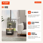 Side Table with Wheels Open Shelf Side Table for Sofa Bedroom 40x40x40 cm White and Wood Black and Wood — Infografia EN (em utilização)