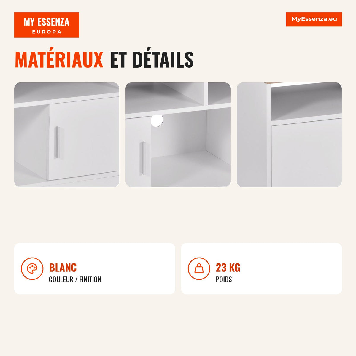 Living Room TV Stand with Ample Storage and Cable Management 105x40x52 cm White & Wood HOMCOM — Infografia FR (materiais e detalhes)