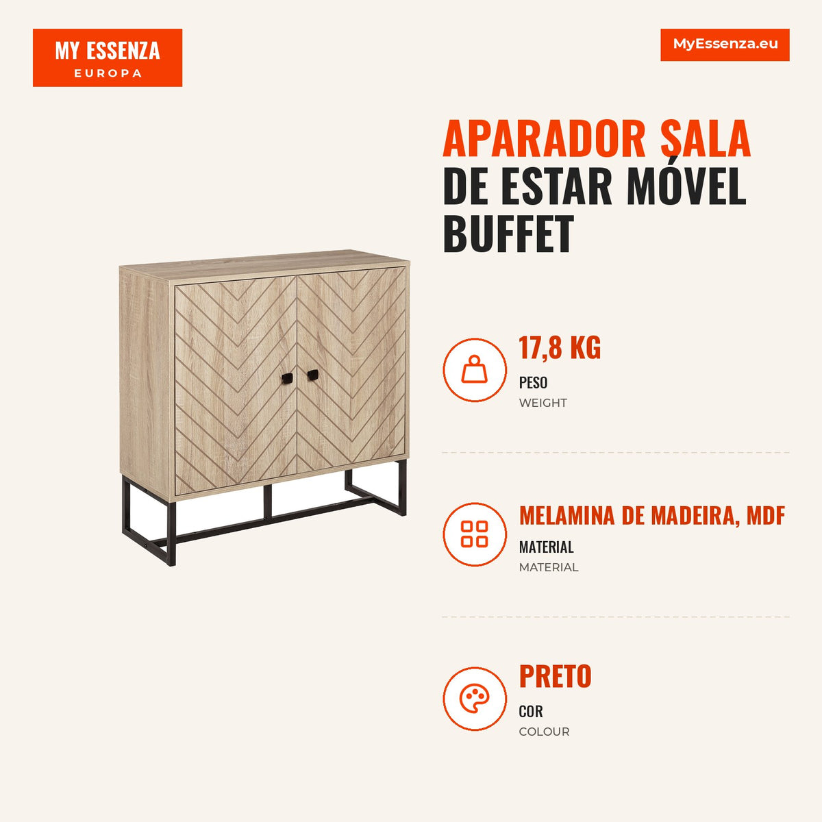 Living Room Sideboard Buffet with 2 Doors and Shelves Storage Cabinet 80x29.5x80 cm Wood Black — Infografia PT (medidas)
