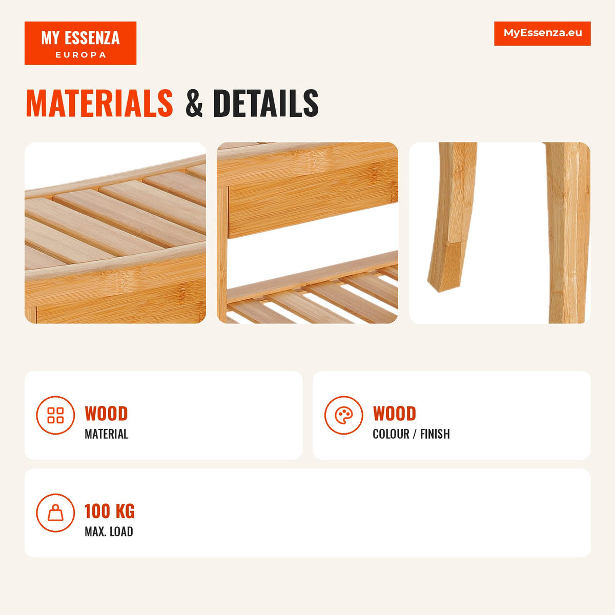 Banc de salle de bain en bambou avec étagère de rangement antidérapante 47,5x26x44,5 cm — Infografia EN (materiais e detalhes)