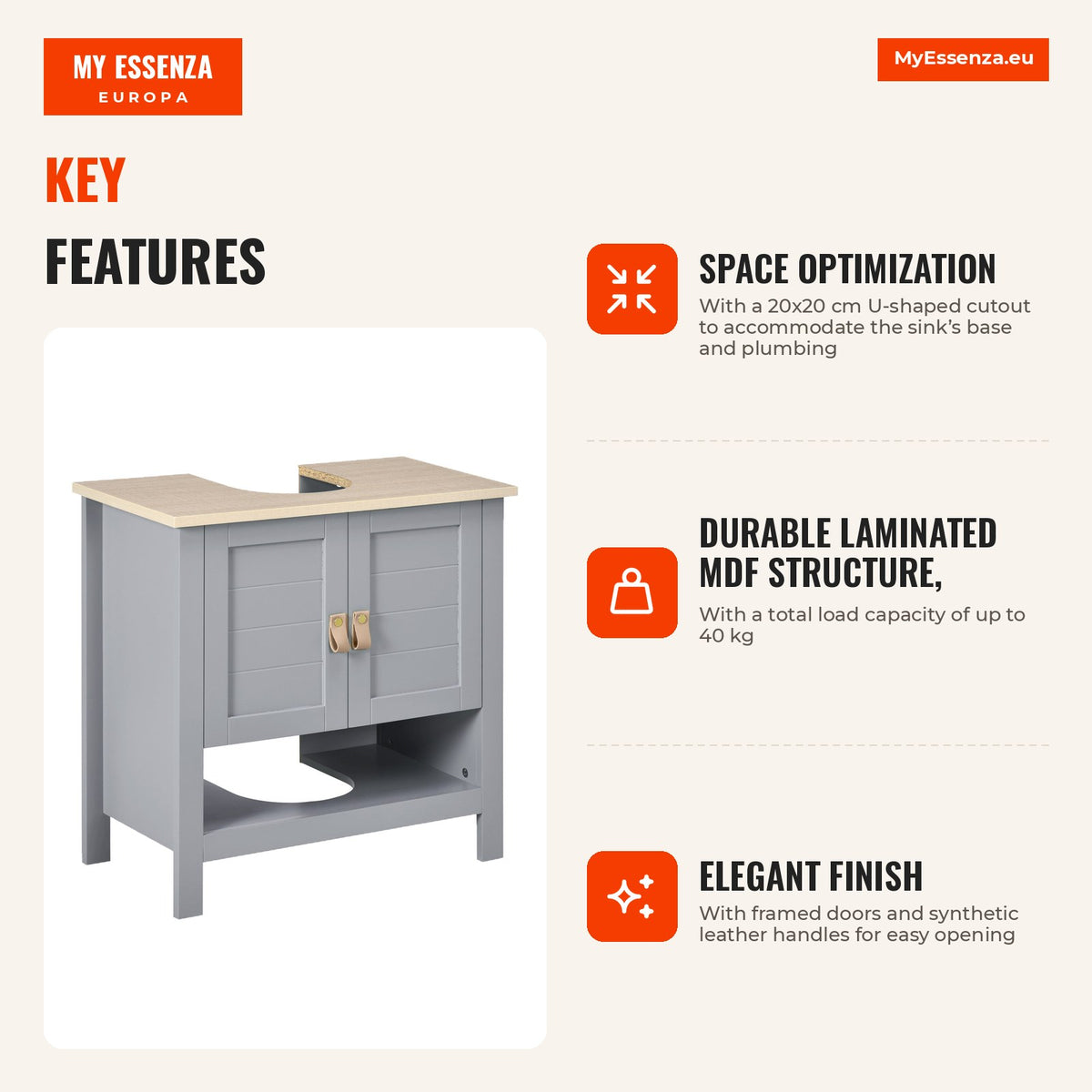 Compact under sink cabinet with 2 doors and adjustable shelf 60x30x60 cm Grey — Infografia EN (vantagens)