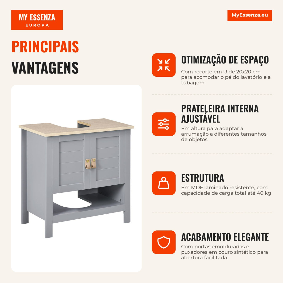 Compact under sink cabinet with 2 doors and adjustable shelf 60x30x60 cm Grey — Infografia PT (vantagens)