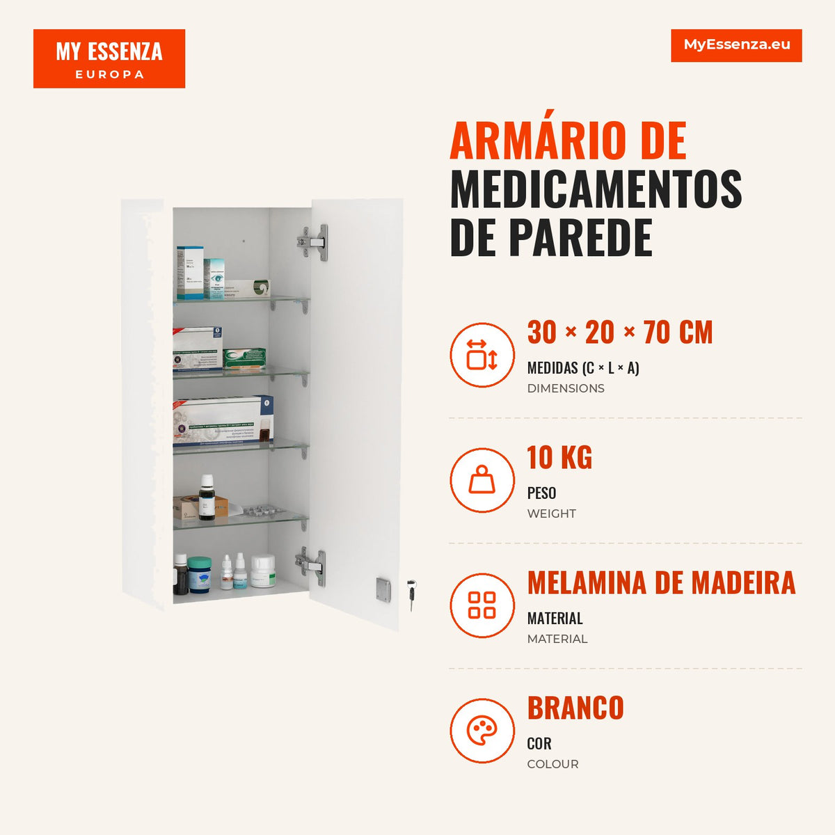5-Tier Wall Medicine Cabinet with Adjustable Glass Shelves, Lock and 2 Keys for Bathroom Kitchen 30x20x70 cm White — Infografia PT (medidas)