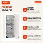 5-Tier Wall Medicine Cabinet with Adjustable Glass Shelves, Lock and 2 Keys for Bathroom Kitchen 30x20x70 cm White — Infografia PT (vantagens)