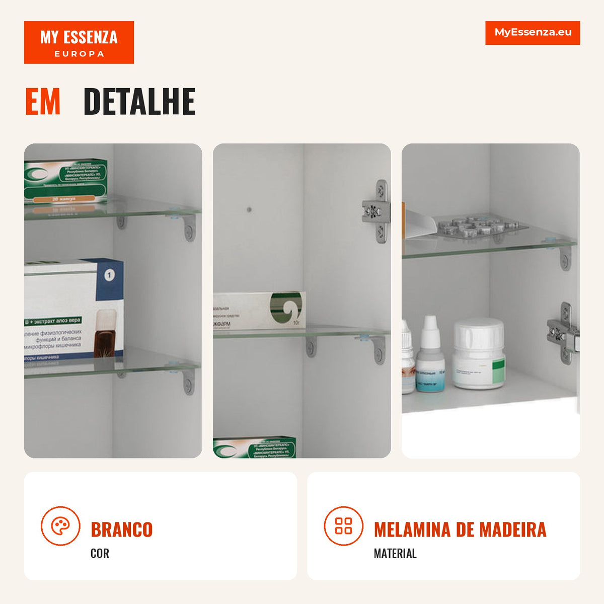 5-Tier Wall Medicine Cabinet with Adjustable Glass Shelves, Lock and 2 Keys for Bathroom Kitchen 30x20x70 cm White — Infografia PT (detalhe)