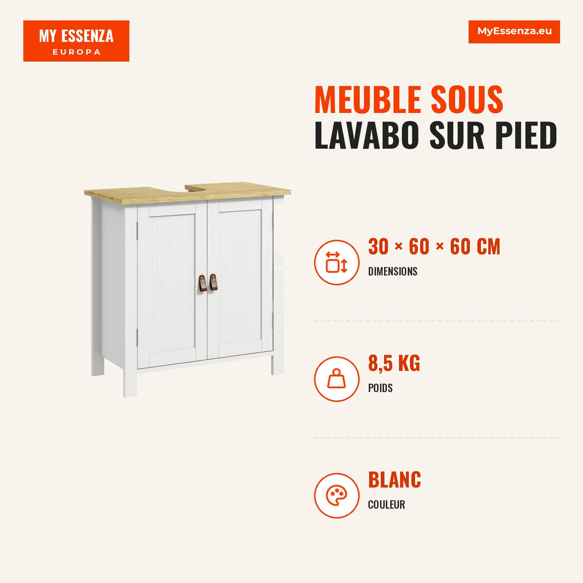 Freestanding Bathroom Sink Cabinet with 2 Doors, 2 Handles and Adjustable Shelf without Basin 60x30x60 cm White — Infografia FR (medidas)