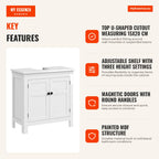 Modern Freestanding Bathroom Vanity Unit with Adjustable Shelf and Magnetic Doors 60x30x60 cm White — Infografia EN (vantagens)