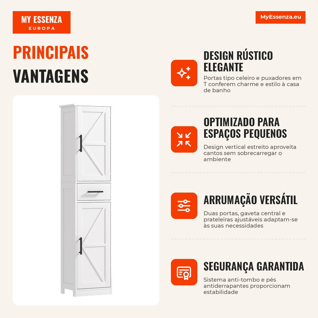 Bathroom Column with 2 Doors, 1 Drawer and 2 Adjustable Shelves Narrow Tall Cabinet Rustic Style 40x30x170 cm White — Infografia PT (vantagens)
