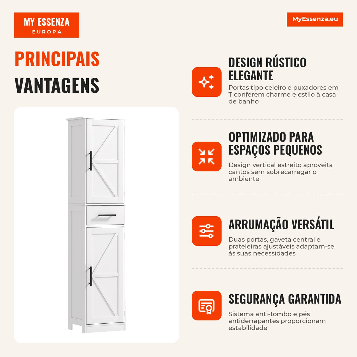 Bathroom Column with 2 Doors, 1 Drawer and 2 Adjustable Shelves Narrow Tall Cabinet Rustic Style 40x30x170 cm White — Infografia PT (vantagens)