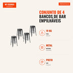 Set of 4 Stackable Industrial Style Bar Stools with Footrests, Indoor and Outdoor 43x43x76 cm, Load up to 120 kg, Black — Infografia PT (medidas)