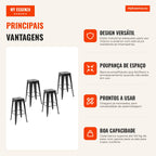 Set of 4 Stackable Industrial Style Bar Stools with Footrests, Indoor and Outdoor 43x43x76 cm, Load up to 120 kg, Black — Infografia PT (vantagens)