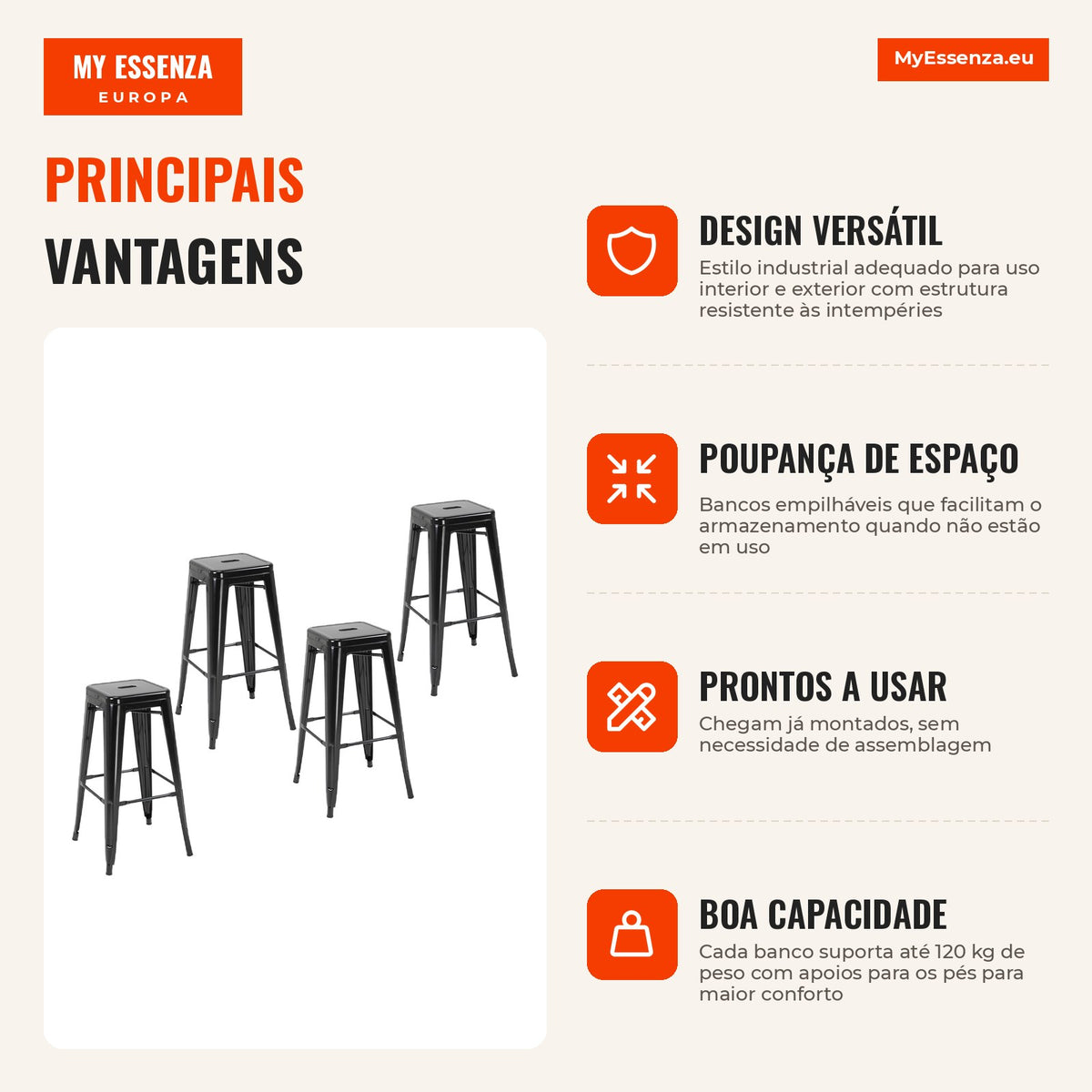 Set of 4 Stackable Industrial Style Bar Stools with Footrests, Indoor and Outdoor 43x43x76 cm, Load up to 120 kg, Black — Infografia PT (vantagens)