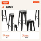 Set of 4 Stackable Industrial Style Bar Stools with Footrests, Indoor and Outdoor 43x43x76 cm, Load up to 120 kg, Black — Infografia PT (detalhe)