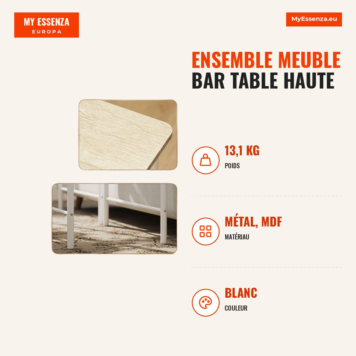 Ensemble Meuble Bar Table Haute et 2 Tabourets avec Étagère de Rangement et Structure Métallique pour Cuisine Salle à Ma — Infografia FR (medidas)