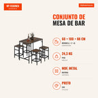 Bar Table Set with 4 Stools and Footrest 5 Pieces Table 100x60x88cm Stools 32x32x57cm Black and Walnut — Infografia PT (medidas)