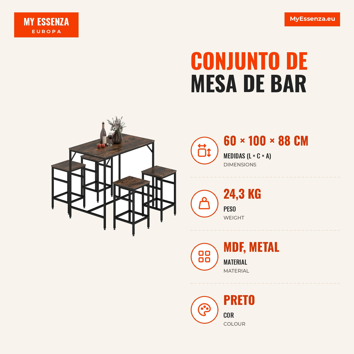 Bar Table Set with 4 Stools and Footrest 5 Pieces Table 100x60x88cm Stools 32x32x57cm Black and Walnut — Infografia PT (medidas)