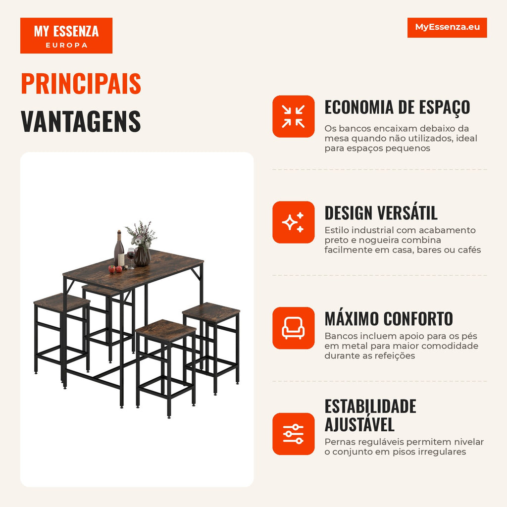 Bar Table Set with 4 Stools and Footrest 5 Pieces Table 100x60x88cm Stools 32x32x57cm Black and Walnut — Infografia PT (vantagens)