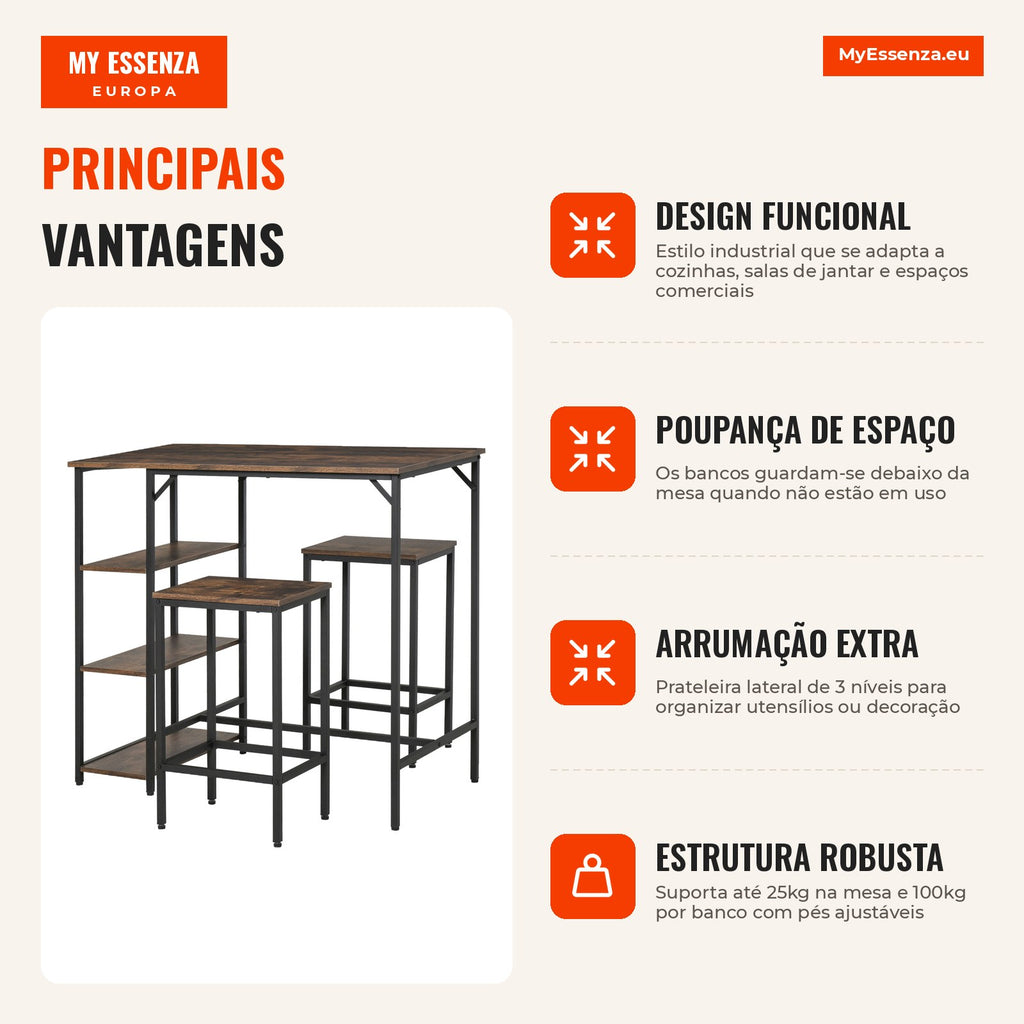 Bar table set with 2 stools, footrest and shelves | HOMCOM — Infografia PT (vantagens)
