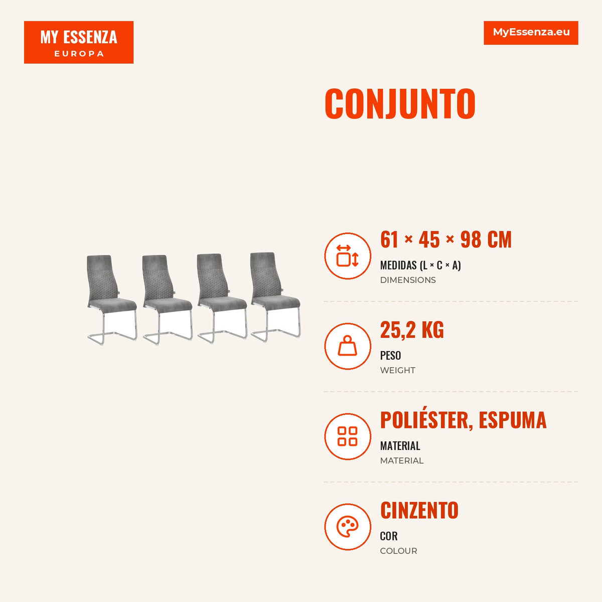 Set of 4 Velvet Upholstered Dining Chairs with Padded Seat and Metal Legs Modern Cantilever Chairs 45x61x98cm Grey — Infografia PT (medidas)