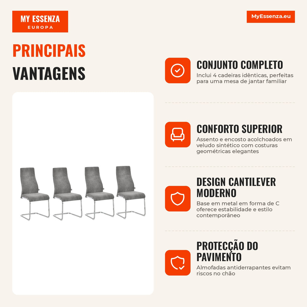 Set of 4 Velvet Upholstered Dining Chairs with Padded Seat and Metal Legs Modern Cantilever Chairs 45x61x98cm Grey — Infografia PT (vantagens)