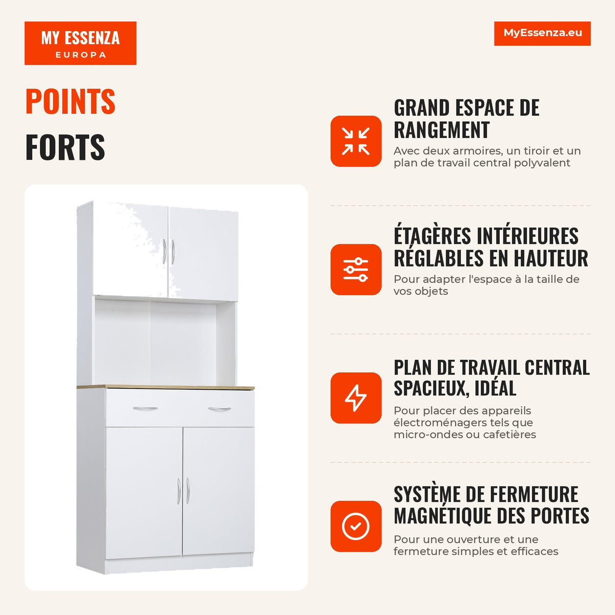 Kitchen Cabinet with Drawer, 4 Doors & Adjustable Shelves | HOMCOM — Infografia FR (vantagens)