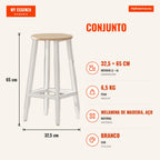 Conjunto de 2 Bancos Altos de Cozinha Bancos de Bar com Pés de Aço e Apoio para os Pés para Sala de Estar Sala de Jantar — Infografia PT (medidas)