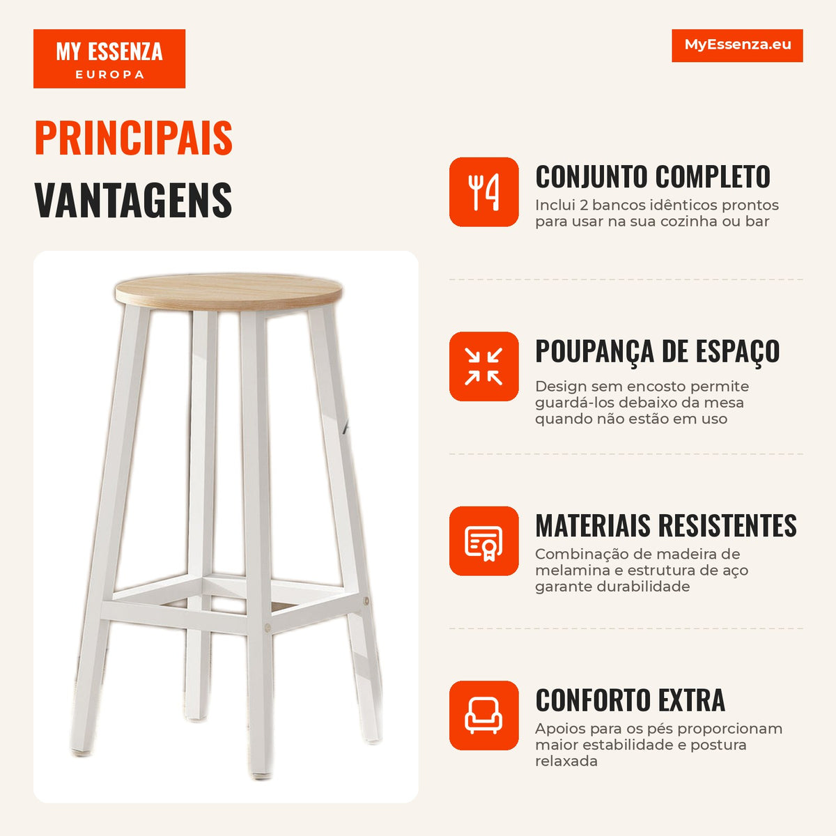 Conjunto de 2 Bancos Altos de Cozinha Bancos de Bar com Pés de Aço e Apoio para os Pés para Sala de Estar Sala de Jantar — Infografia PT (vantagens)