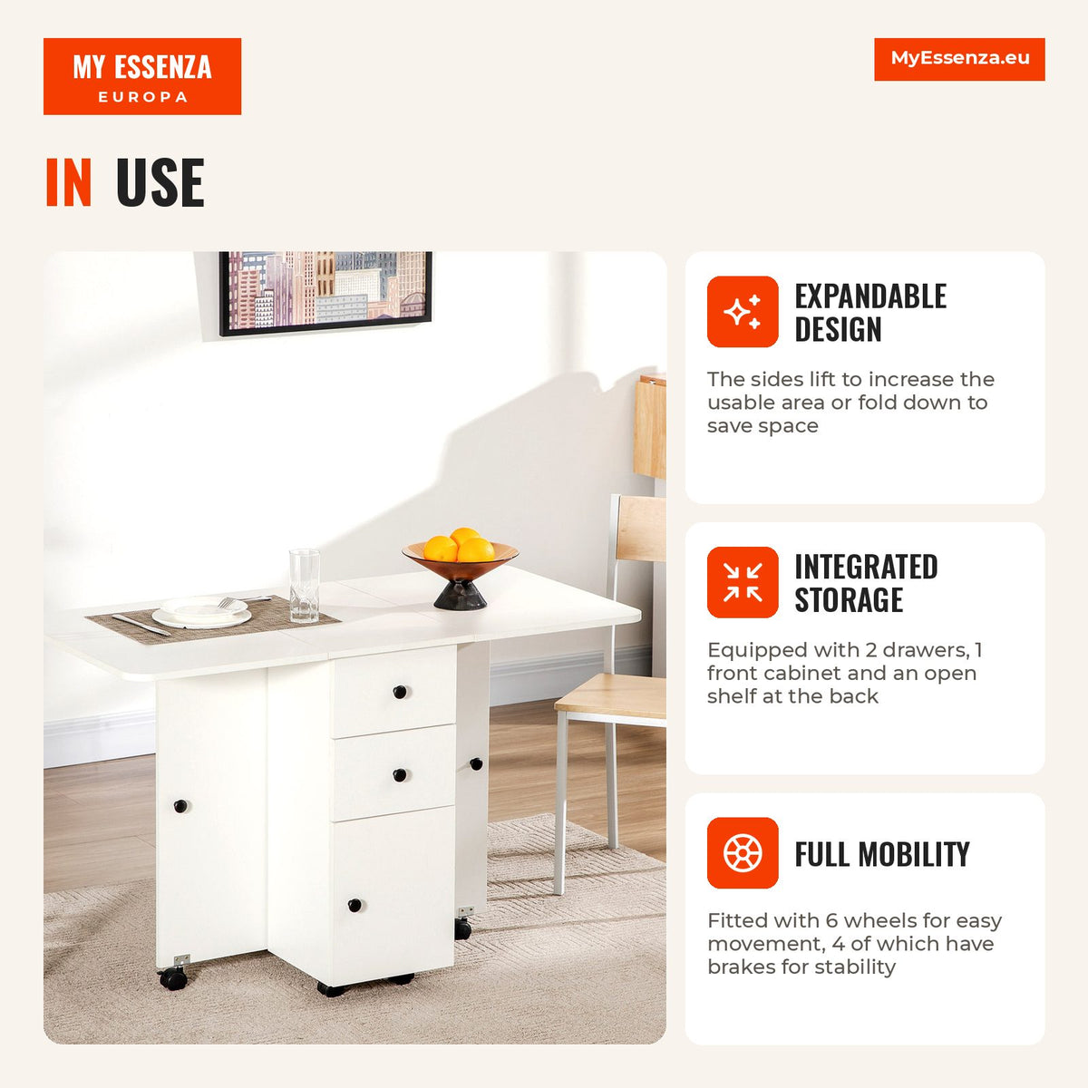 Table à manger pliante avec roulettes Table rabattable avec 2 tiroirs et armoire Table d'appoint multifonction pour stud — Infografia EN (em utilização)