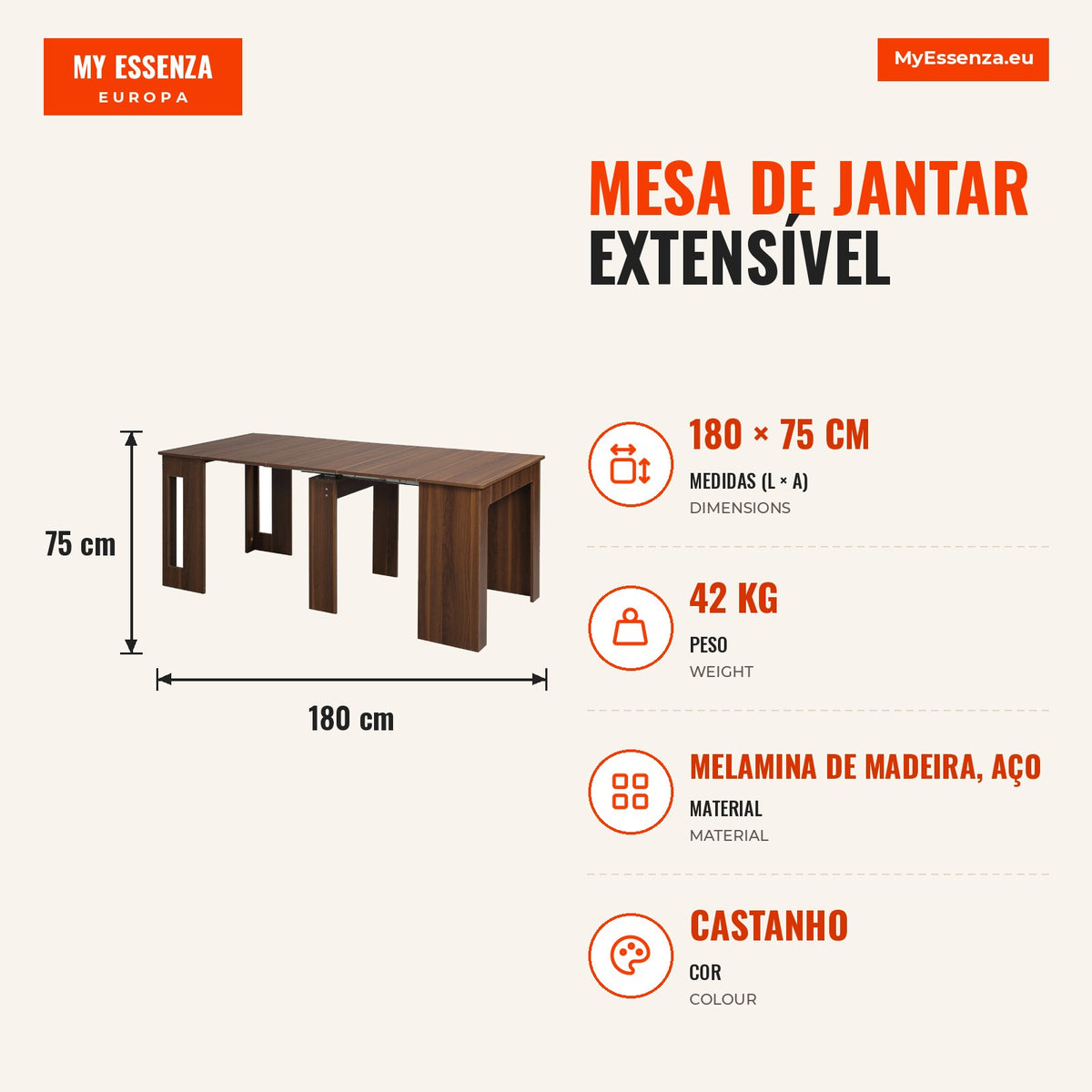 Extendable Dining Table for 4-6 People with Folding Side Panel — Infografia PT (medidas)