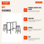 Conjunto de Mesa Alta com 2 Bancos Redondos Conjunto de 3 Peças com Estrutura de Aço Estilo Moderno para Cozinha Sala de — Infografia EN (vantagens)