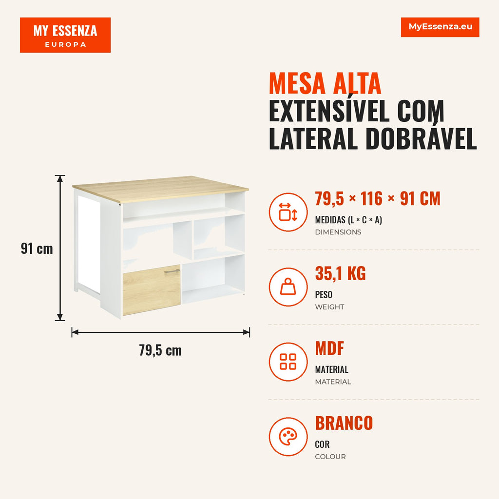 Extendable High Table with Foldable Side Bistro Table with Storage Compartments and 1 Door for Kitchen Dining Room 116x7 — Infografia PT (medidas)