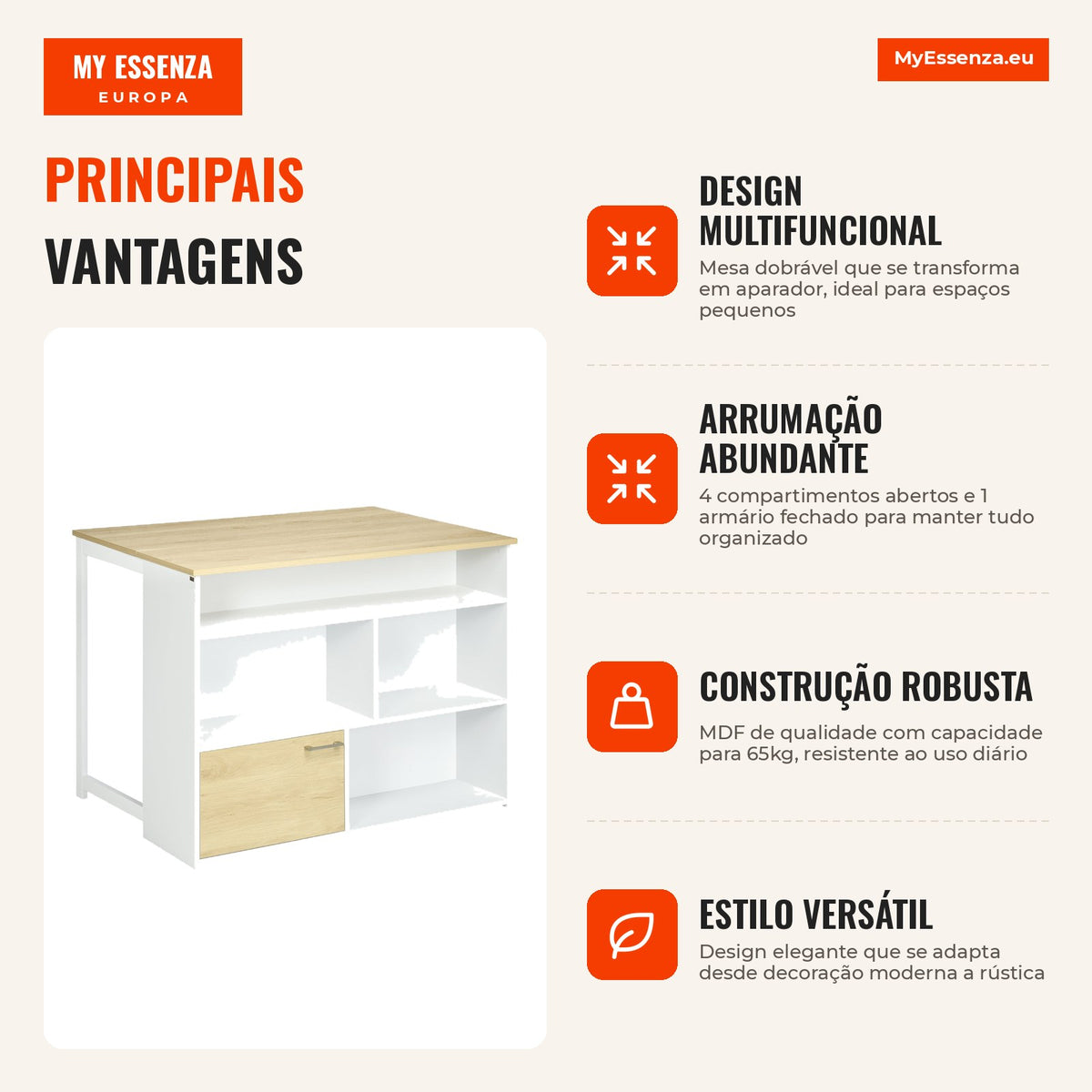 Extendable High Table with Foldable Side Bistro Table with Storage Compartments and 1 Door for Kitchen Dining Room 116x7 — Infografia PT (vantagens)