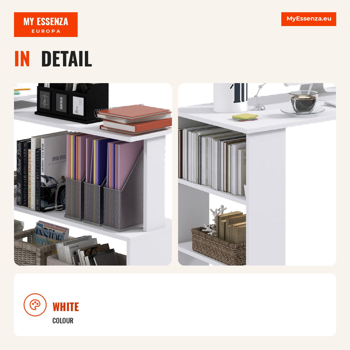 Escritorio Esquinero para Ordenador Mesa Rotativa 360° Multiforma 5 Estantes Blanca — Infografia EN (detalhe)