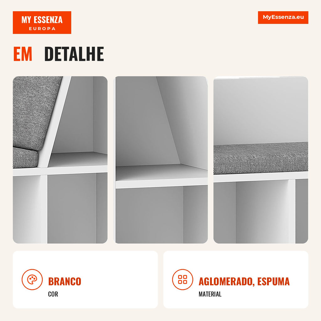 Estante com Assento 6 Compartimentos Estofada 105x30x63 cm Branco — Infografia PT (detalhe)