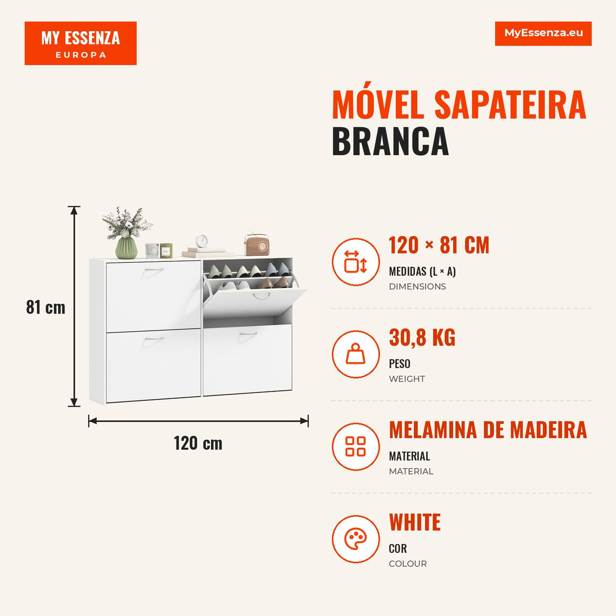 White Modern Shoe Cabinet with 4 Flip Drawers and Adjustable Shelves for 16-24 Pairs 120x24x81 cm White — Infografia PT (medidas)