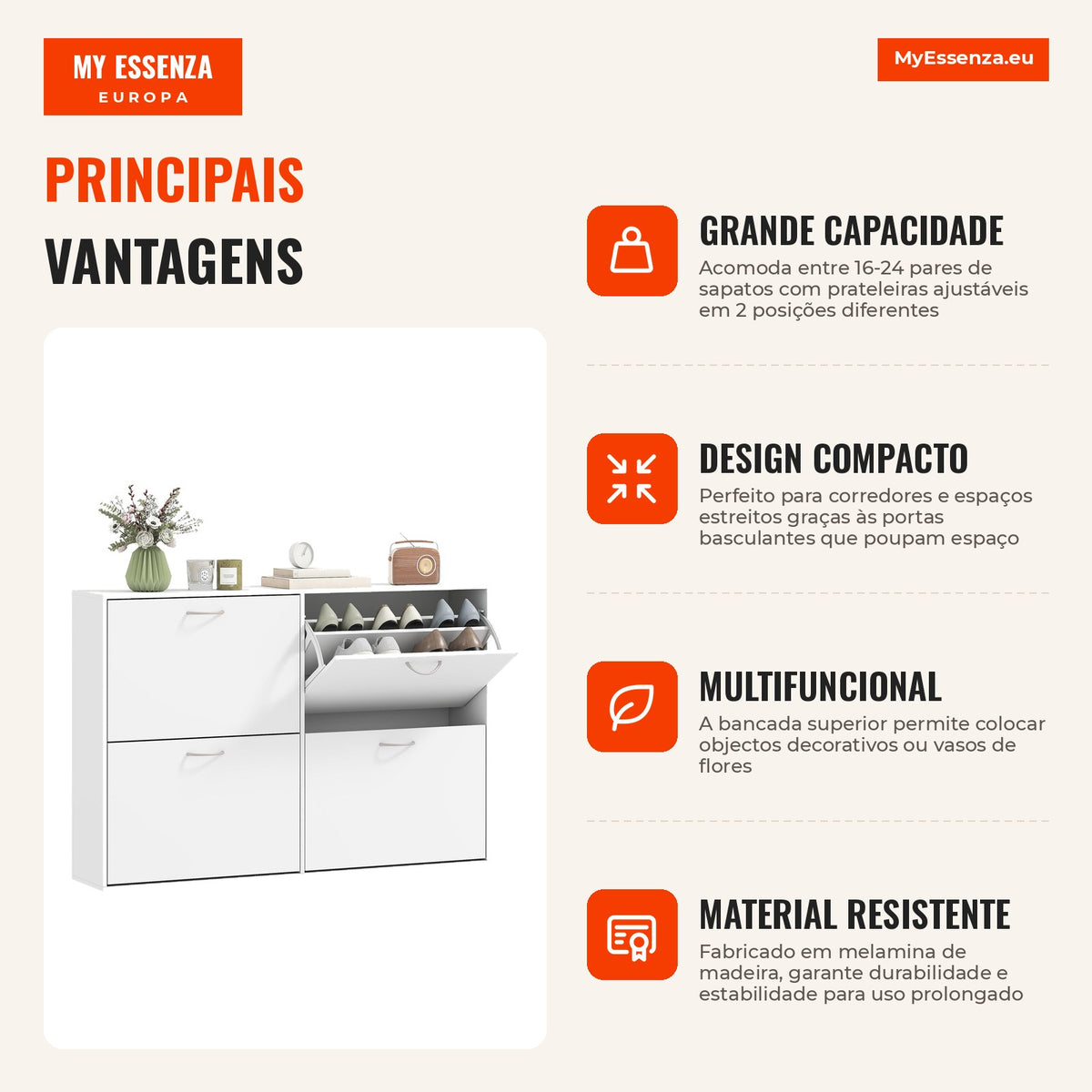 White Modern Shoe Cabinet with 4 Flip Drawers and Adjustable Shelves for 16-24 Pairs 120x24x81 cm White — Infografia PT (vantagens)