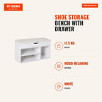 Shoe Storage Bench with Drawer, Shelf and Padded Seat for Entryway, Modern Style 80x30x47cm White — Infografia EN (medidas)
