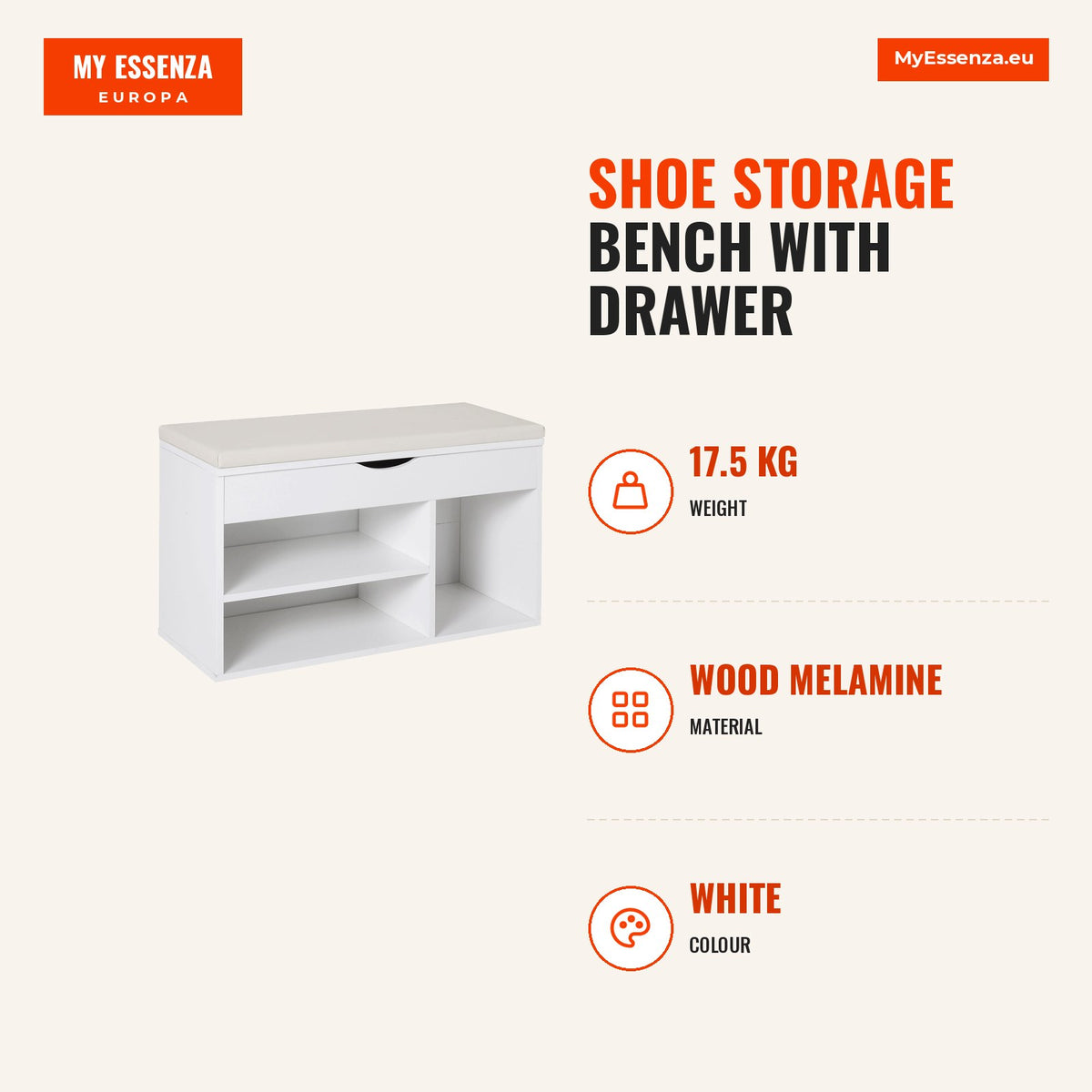 Shoe Storage Bench with Drawer, Shelf and Padded Seat for Entryway, Modern Style 80x30x47cm White — Infografia EN (medidas)