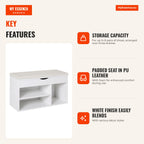 Shoe Storage Bench with Drawer, Shelf and Padded Seat for Entryway, Modern Style 80x30x47cm White — Infografia EN (vantagens)