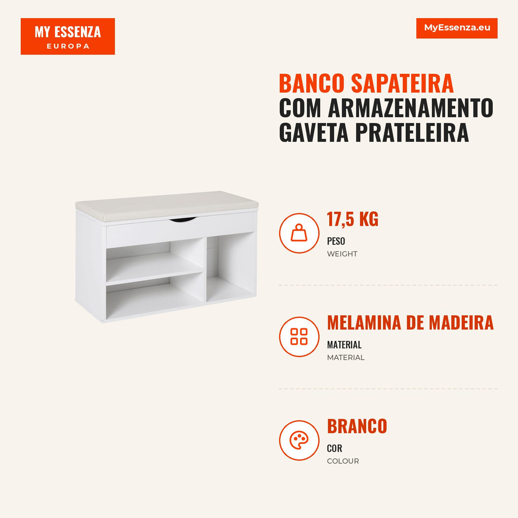 Shoe Storage Bench with Drawer, Shelf and Padded Seat for Entryway, Modern Style 80x30x47cm White — Infografia PT (medidas)