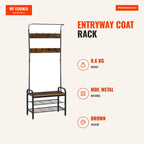 Entryway Coat Rack with 8 Hooks and Shoe Shelf Entry Cabinet 72x34x185cm Rustic Brown and Black — Infografia EN (medidas)