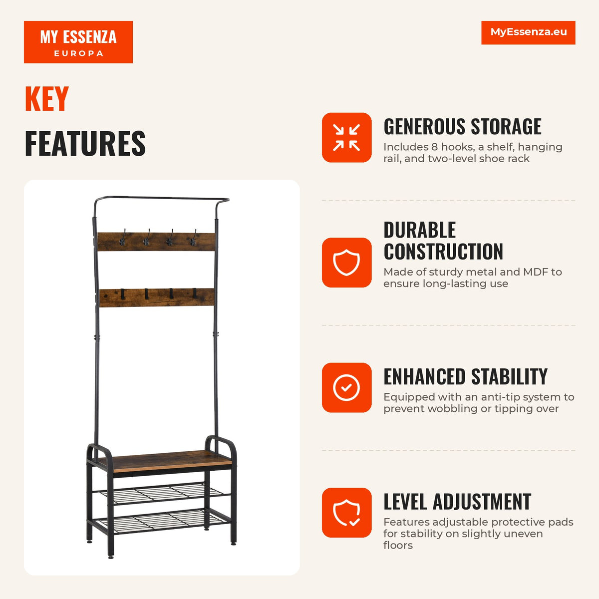 Entryway Coat Rack with 8 Hooks and Shoe Shelf Entry Cabinet 72x34x185cm Rustic Brown and Black — Infografia EN (vantagens)