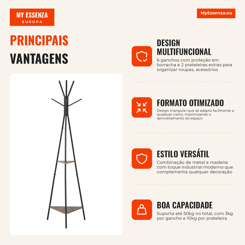 Metal Freestanding Coat Rack with 6 Hooks and Shelves Tree-shaped Clothes Rack for Bedroom 46x52x182 cm Black and Wood — Infografia PT (vantagens)