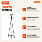 Metal Freestanding Coat Rack with 6 Hooks and Shelves Tree-shaped Clothes Rack for Bedroom 46x52x182 cm Black and Wood — Infografia PT (vantagens)