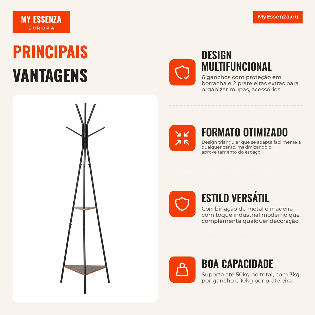 Metal Freestanding Coat Rack with 6 Hooks and Shelves Tree-shaped Clothes Rack for Bedroom 46x52x182 cm Black and Wood — Infografia PT (vantagens)