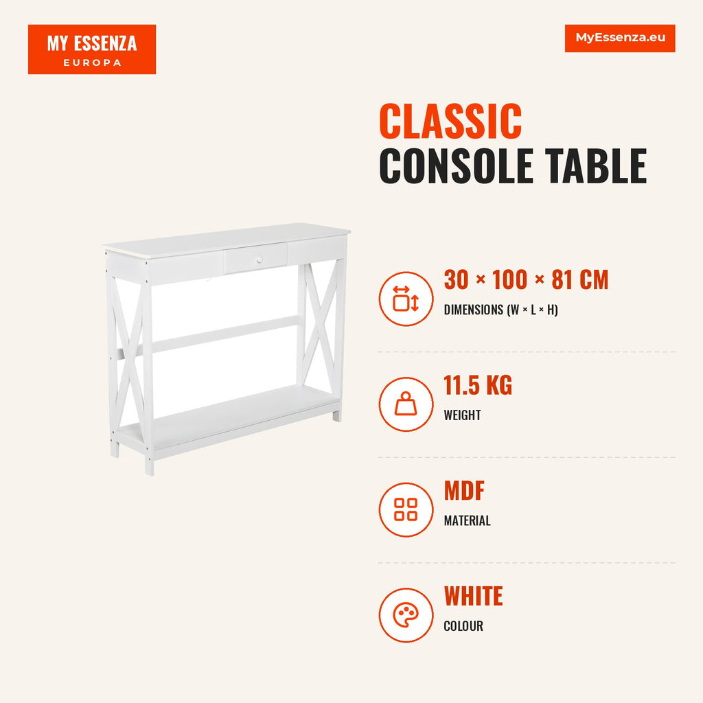 Classic Console Table with 1 Drawer and 1 Storage Shelf for Entryway Side Table Living Room Elegant Style 100x30x81cm Wh — Infografia EN (medidas)