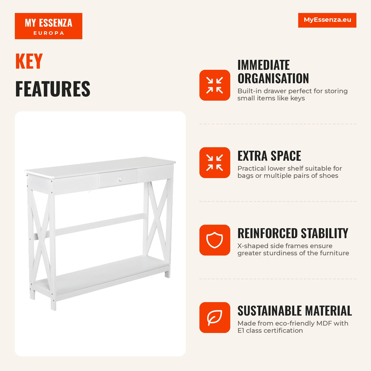 Classic Console Table with 1 Drawer and 1 Storage Shelf for Entryway Side Table Living Room Elegant Style 100x30x81cm Wh — Infografia EN (vantagens)