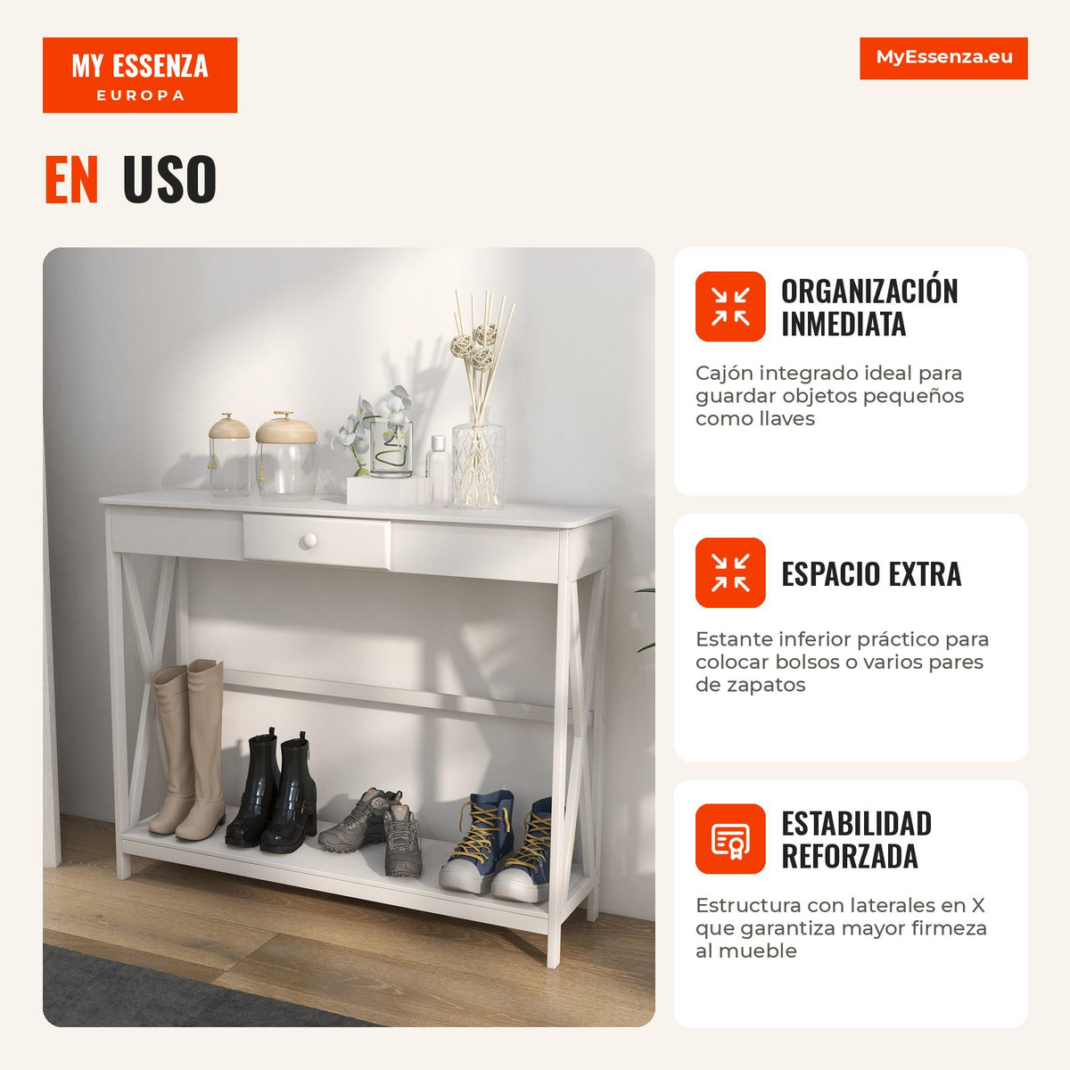 Classic Console Table with 1 Drawer and 1 Storage Shelf for Entryway Side Table Living Room Elegant Style 100x30x81cm Wh — Infografia ES (em utilização)