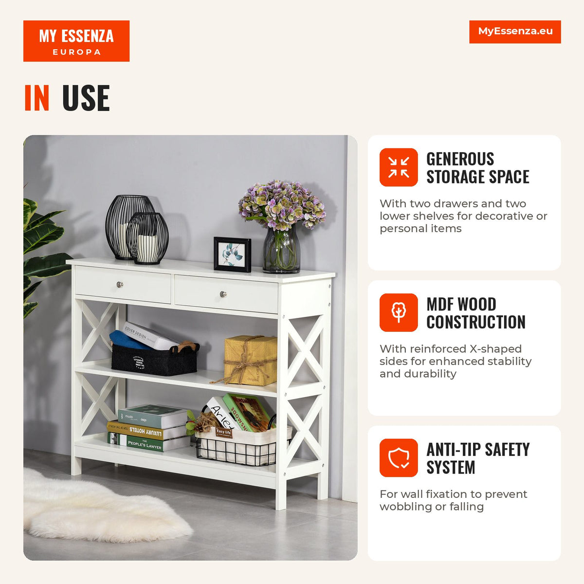 Hallway Console Table with 2 Drawers and 2 Lower Shelves | HOMCOM — Infografia EN (em utilização)